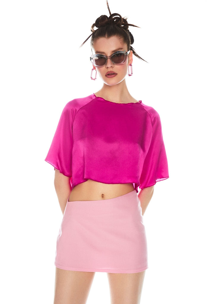 Pink silk top. Fuchsia silk top. Designer Top. fashion Store. Pink mini skirt