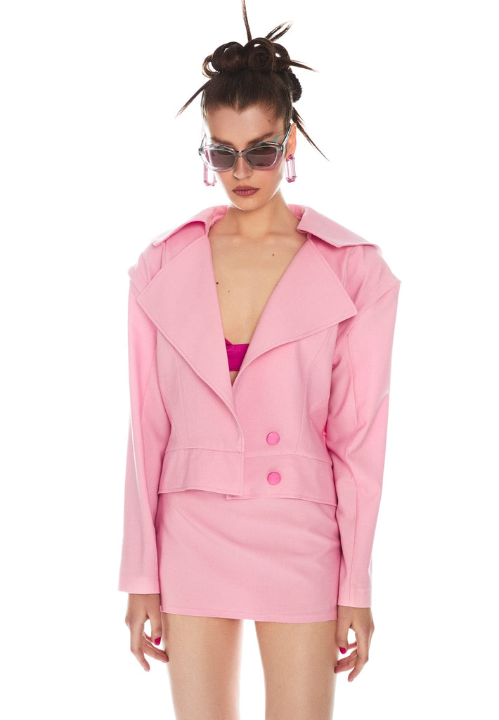 Pink suit. Pink set. Convertible  oversized jacket with Detachable sleeves. Oversized vest. Designer mini skirt . Designer suit. Designer fashion clothes. Spring-Summer 2022